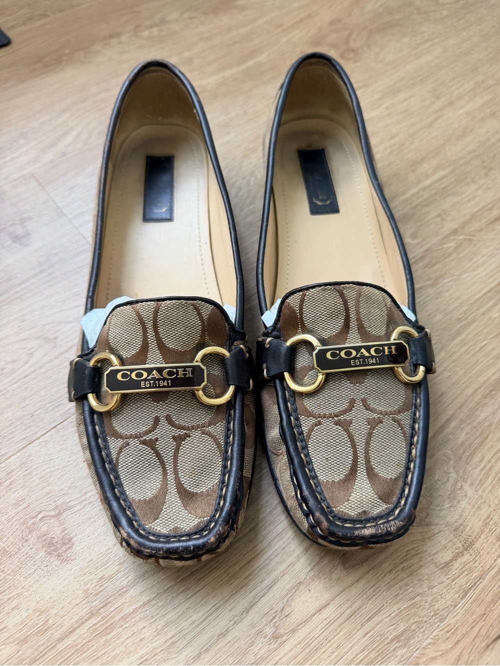 Coach Brown & Tan Signature Canvas Loafers with Gold Hardware